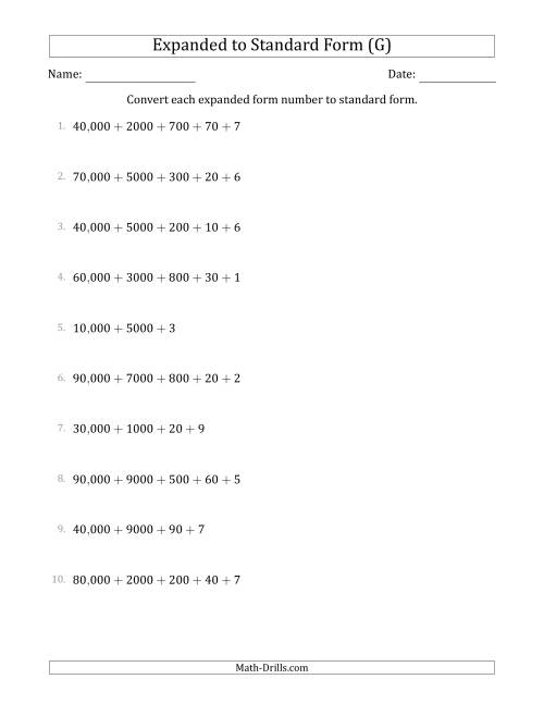 The Converting Expanded Form Numbers to Standard Form (5-Digit Numbers) (US/UK) (G) Math Worksheet