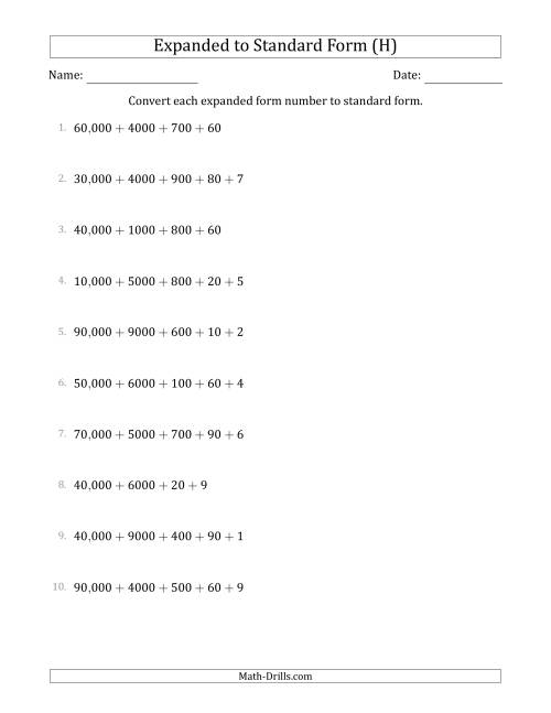 The Converting Expanded Form Numbers to Standard Form (5-Digit Numbers) (US/UK) (H) Math Worksheet