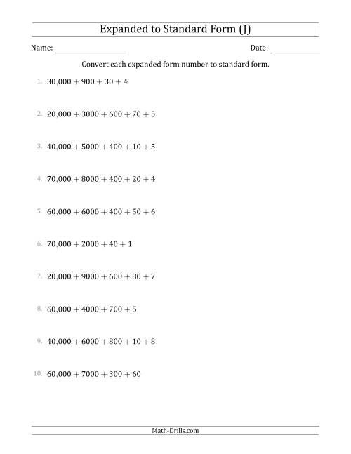 The Converting Expanded Form Numbers to Standard Form (5-Digit Numbers) (US/UK) (J) Math Worksheet