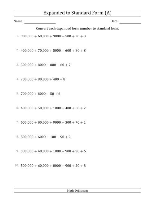 The Converting Expanded Form Numbers to Standard Form (6-Digit Numbers) (US/UK) (A) Math Worksheet