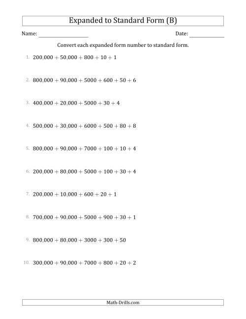 The Converting Expanded Form Numbers to Standard Form (6-Digit Numbers) (US/UK) (B) Math Worksheet