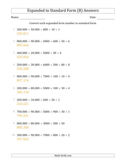 The Converting Expanded Form Numbers to Standard Form (6-Digit Numbers) (US/UK) (B) Math Worksheet Page 2