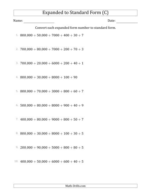 The Converting Expanded Form Numbers to Standard Form (6-Digit Numbers) (US/UK) (C) Math Worksheet