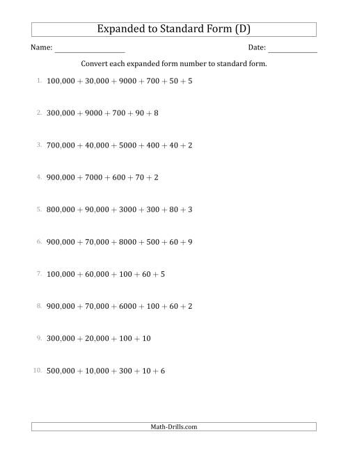 The Converting Expanded Form Numbers to Standard Form (6-Digit Numbers) (US/UK) (D) Math Worksheet