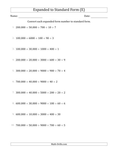 The Converting Expanded Form Numbers to Standard Form (6-Digit Numbers) (US/UK) (E) Math Worksheet