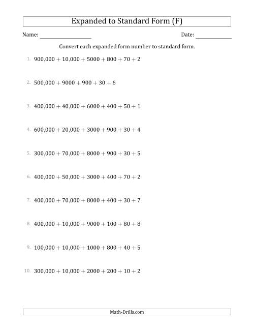 The Converting Expanded Form Numbers to Standard Form (6-Digit Numbers) (US/UK) (F) Math Worksheet