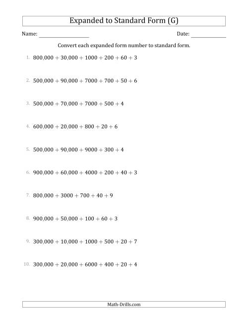 The Converting Expanded Form Numbers to Standard Form (6-Digit Numbers) (US/UK) (G) Math Worksheet