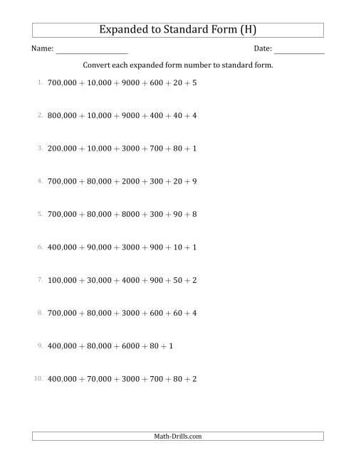 The Converting Expanded Form Numbers to Standard Form (6-Digit Numbers) (US/UK) (H) Math Worksheet
