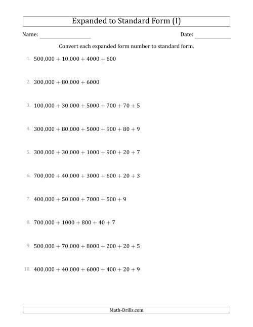 The Converting Expanded Form Numbers to Standard Form (6-Digit Numbers) (US/UK) (I) Math Worksheet