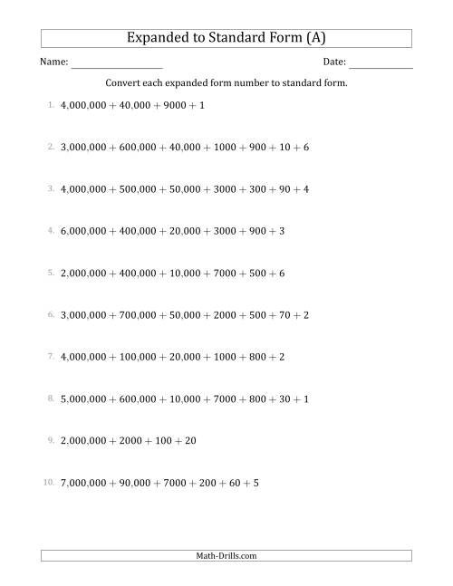 The Converting Expanded Form Numbers to Standard Form (7-Digit Numbers) (US/UK) (A) Math Worksheet