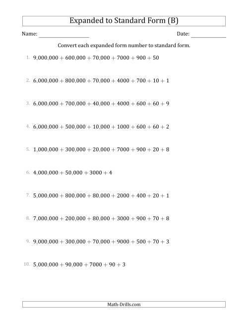 The Converting Expanded Form Numbers to Standard Form (7-Digit Numbers) (US/UK) (B) Math Worksheet