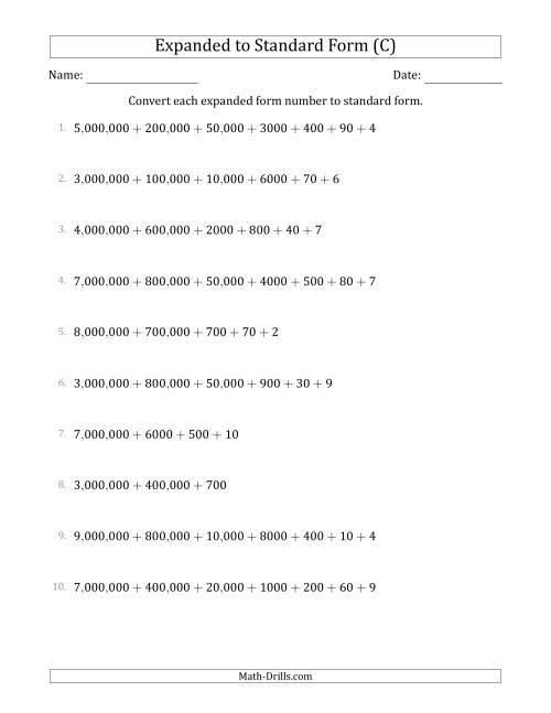 The Converting Expanded Form Numbers to Standard Form (7-Digit Numbers) (US/UK) (C) Math Worksheet