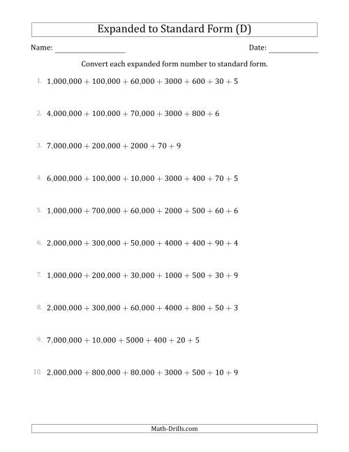 The Converting Expanded Form Numbers to Standard Form (7-Digit Numbers) (US/UK) (D) Math Worksheet
