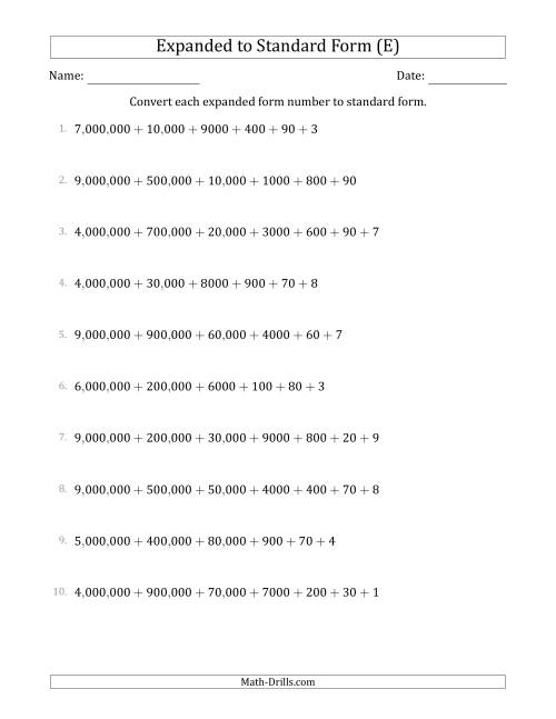 The Converting Expanded Form Numbers to Standard Form (7-Digit Numbers) (US/UK) (E) Math Worksheet
