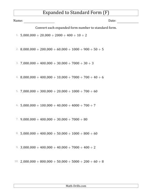 The Converting Expanded Form Numbers to Standard Form (7-Digit Numbers) (US/UK) (F) Math Worksheet