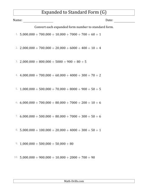 The Converting Expanded Form Numbers to Standard Form (7-Digit Numbers) (US/UK) (G) Math Worksheet