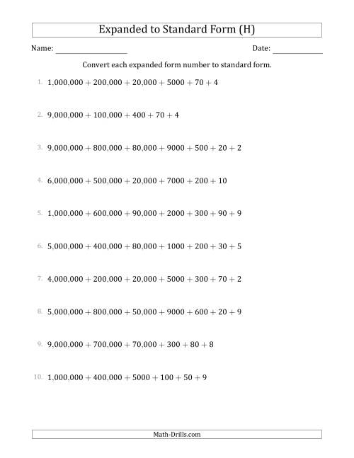 The Converting Expanded Form Numbers to Standard Form (7-Digit Numbers) (US/UK) (H) Math Worksheet