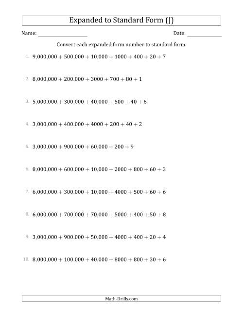 The Converting Expanded Form Numbers to Standard Form (7-Digit Numbers) (US/UK) (J) Math Worksheet