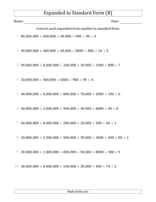 The Converting Expanded Form Numbers to Standard Form (8-Digit Numbers) (US/UK) (B) Math Worksheet