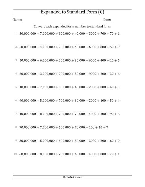 The Converting Expanded Form Numbers to Standard Form (8-Digit Numbers) (US/UK) (C) Math Worksheet