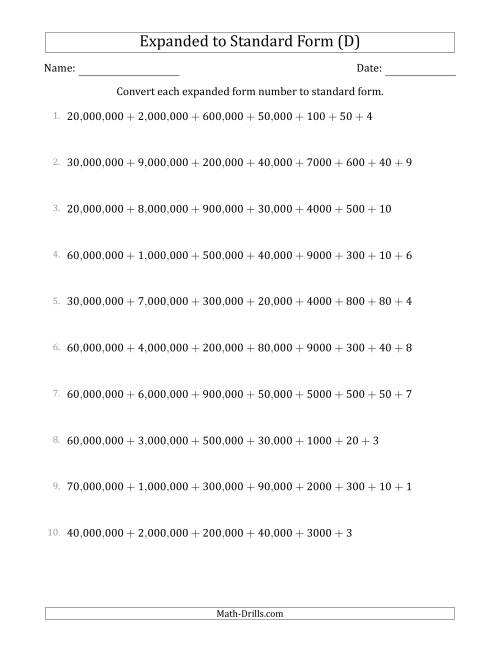 The Converting Expanded Form Numbers to Standard Form (8-Digit Numbers) (US/UK) (D) Math Worksheet