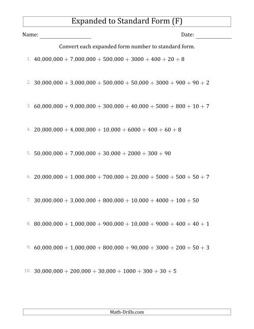 The Converting Expanded Form Numbers to Standard Form (8-Digit Numbers) (US/UK) (F) Math Worksheet