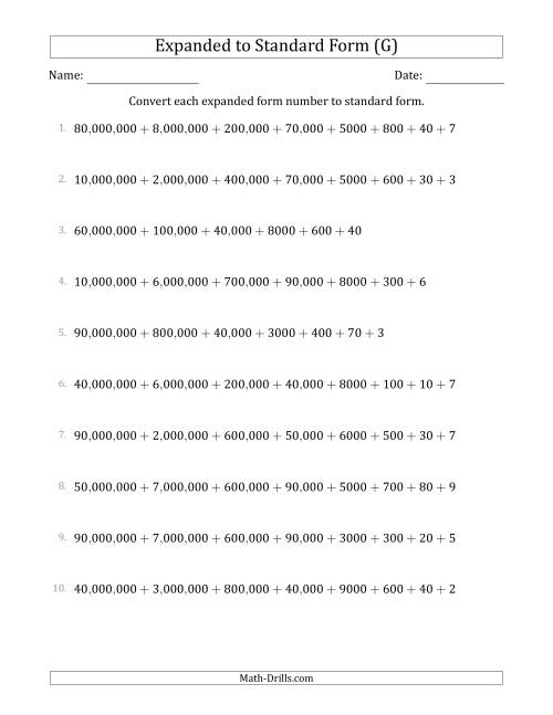 The Converting Expanded Form Numbers to Standard Form (8-Digit Numbers) (US/UK) (G) Math Worksheet