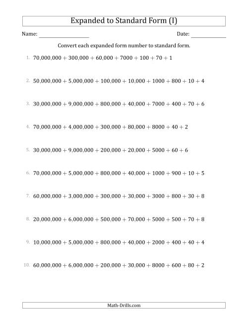 The Converting Expanded Form Numbers to Standard Form (8-Digit Numbers) (US/UK) (I) Math Worksheet