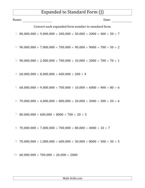 The Converting Expanded Form Numbers to Standard Form (8-Digit Numbers) (US/UK) (J) Math Worksheet