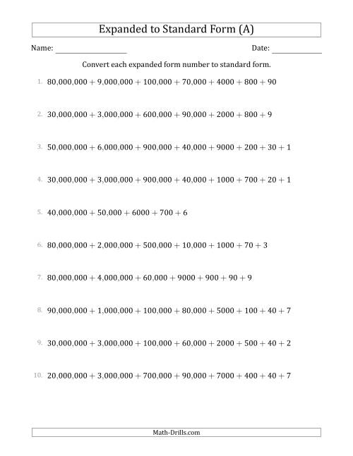 The Converting Expanded Form Numbers to Standard Form (8-Digit Numbers) (US/UK) (All) Math Worksheet