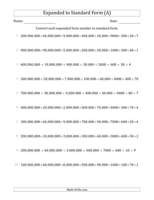 The Converting Expanded Form Numbers to Standard Form (9-Digit Numbers) (US/UK) (A) Math Worksheet