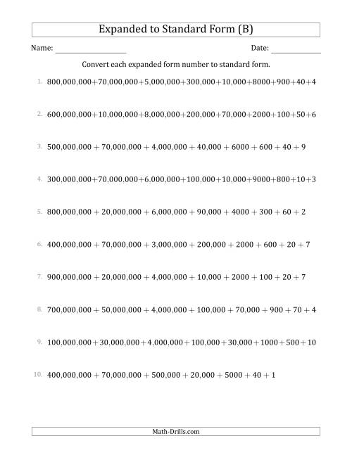 The Converting Expanded Form Numbers to Standard Form (9-Digit Numbers) (US/UK) (B) Math Worksheet