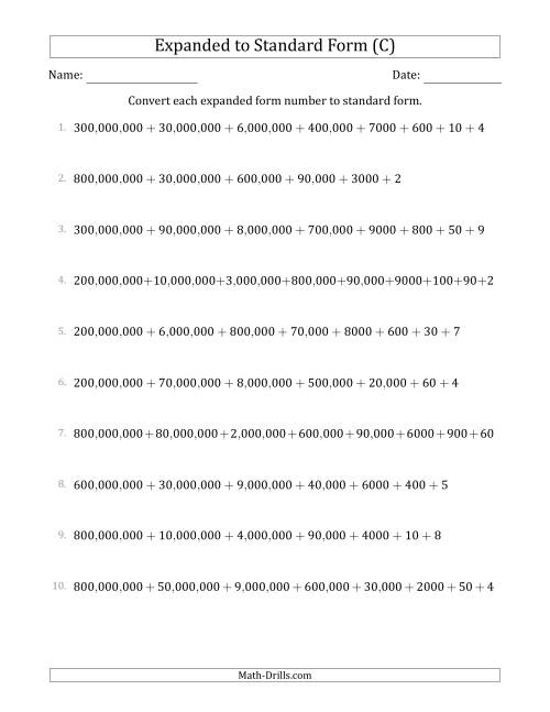 The Converting Expanded Form Numbers to Standard Form (9-Digit Numbers) (US/UK) (C) Math Worksheet