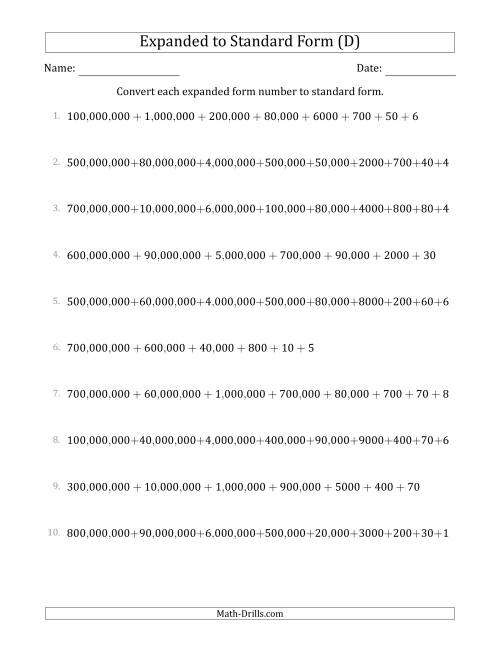 The Converting Expanded Form Numbers to Standard Form (9-Digit Numbers) (US/UK) (D) Math Worksheet