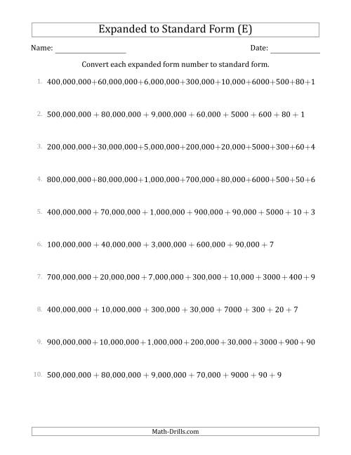 The Converting Expanded Form Numbers to Standard Form (9-Digit Numbers) (US/UK) (E) Math Worksheet
