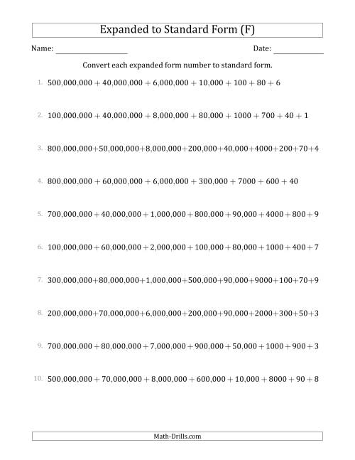The Converting Expanded Form Numbers to Standard Form (9-Digit Numbers) (US/UK) (F) Math Worksheet