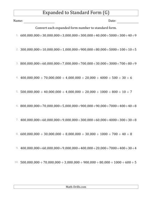 The Converting Expanded Form Numbers to Standard Form (9-Digit Numbers) (US/UK) (G) Math Worksheet