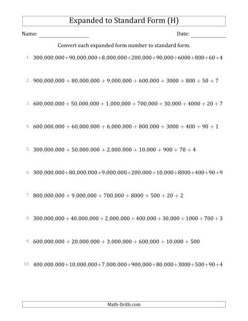 The Converting Expanded Form Numbers to Standard Form (9-Digit Numbers) (US/UK) (H) Math Worksheet
