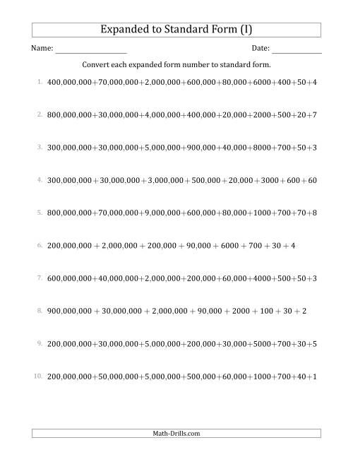 The Converting Expanded Form Numbers to Standard Form (9-Digit Numbers) (US/UK) (I) Math Worksheet
