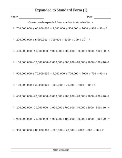 The Converting Expanded Form Numbers to Standard Form (9-Digit Numbers) (US/UK) (J) Math Worksheet