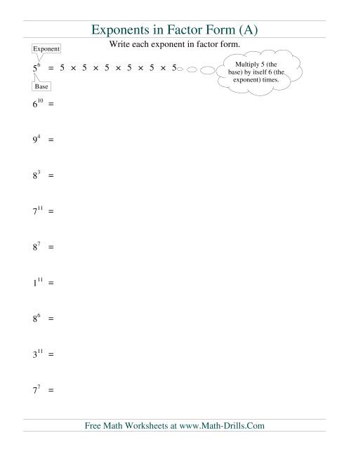 The Exponents in Factor Form (A) Math Worksheet