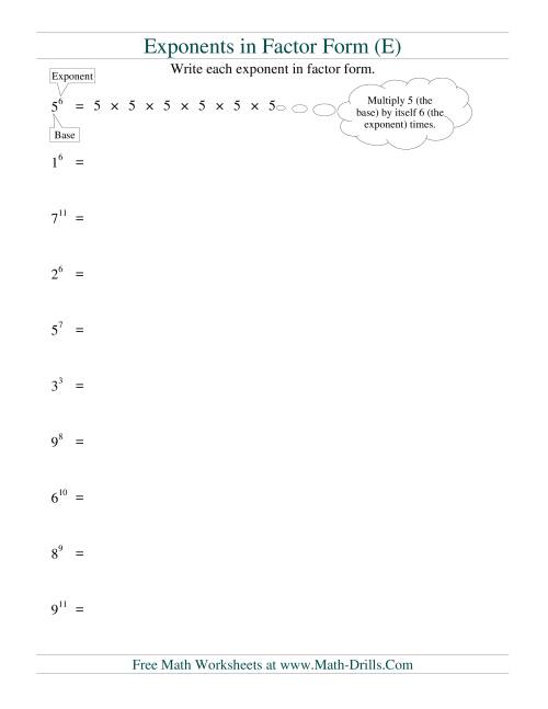 The Exponents in Factor Form (E) Math Worksheet