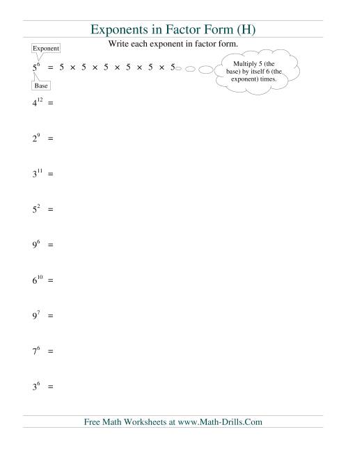 The Exponents in Factor Form (H) Math Worksheet