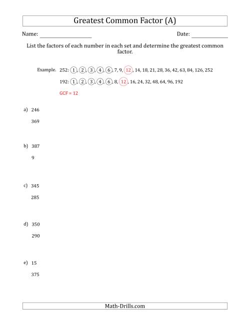 The Determining Greatest Common Factors of Sets of Two Numbers from 4 to 400 (A) Math Worksheet