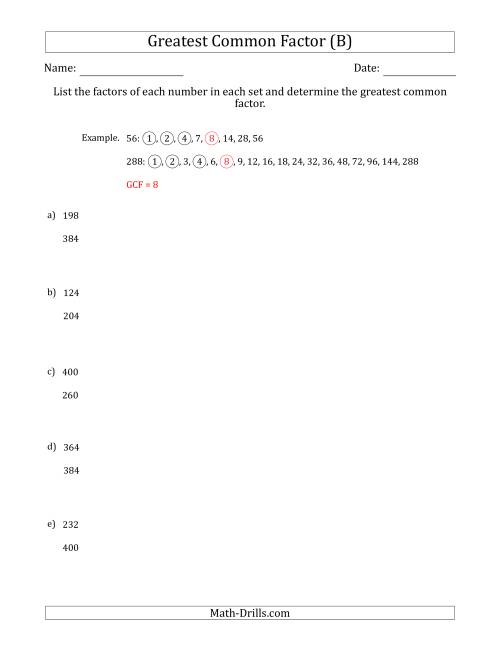 The Determining Greatest Common Factors of Sets of Two Numbers from 4 to 400 (B) Math Worksheet
