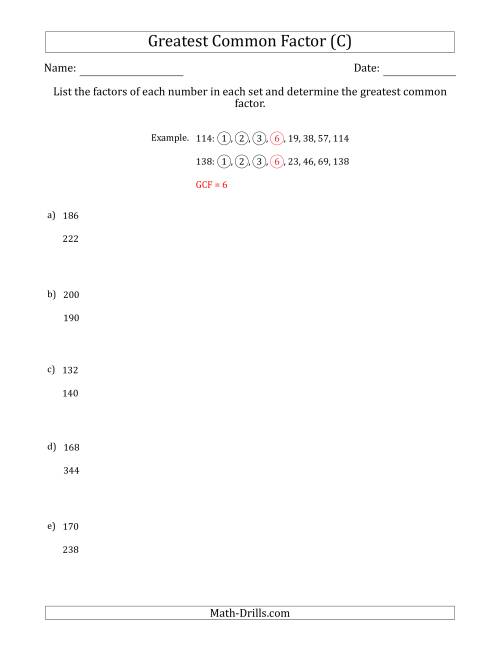 The Determining Greatest Common Factors of Sets of Two Numbers from 4 to 400 (C) Math Worksheet