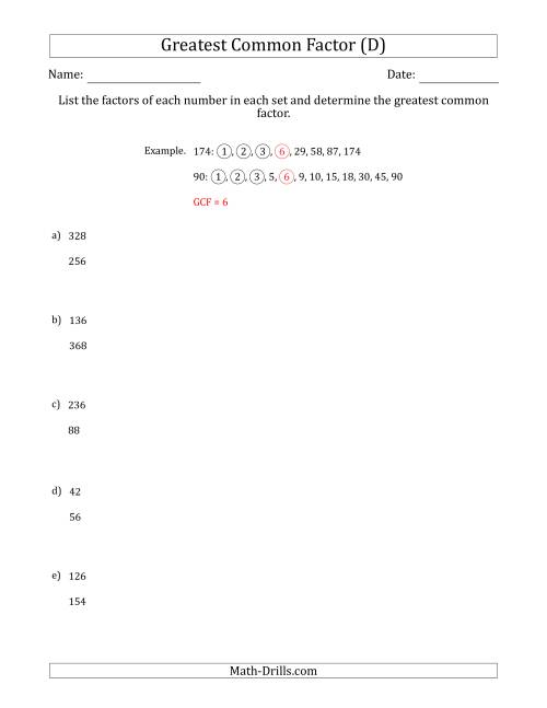 The Determining Greatest Common Factors of Sets of Two Numbers from 4 to 400 (D) Math Worksheet