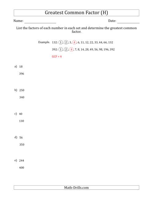 The Determining Greatest Common Factors of Sets of Two Numbers from 4 to 400 (H) Math Worksheet