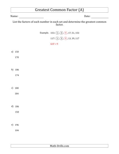 The Determining Greatest Common Factors of Sets of Two Numbers from 100 to 200 (A) Math Worksheet