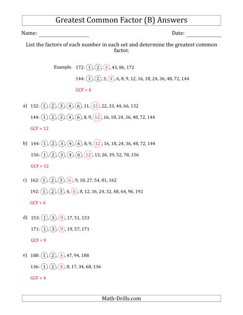 The Determining Greatest Common Factors of Sets of Two Numbers from 100 to 200 (B) Math Worksheet Page 2
